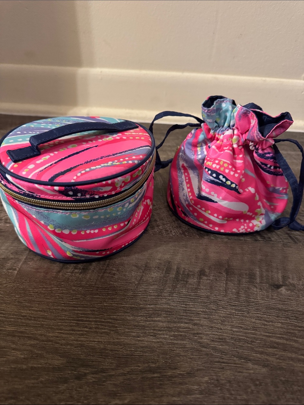 Lilly Pulitzer Pink and Aqua Drawstring Cosmetic Pouch and Zip Round Cosmetic